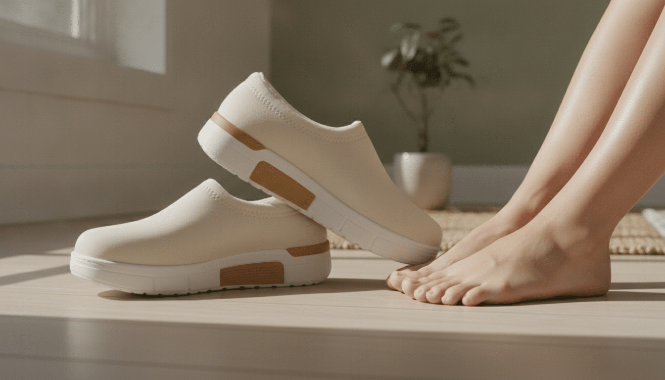 Beige slip-on shoes on wooden floor beside bare feet in bright room
