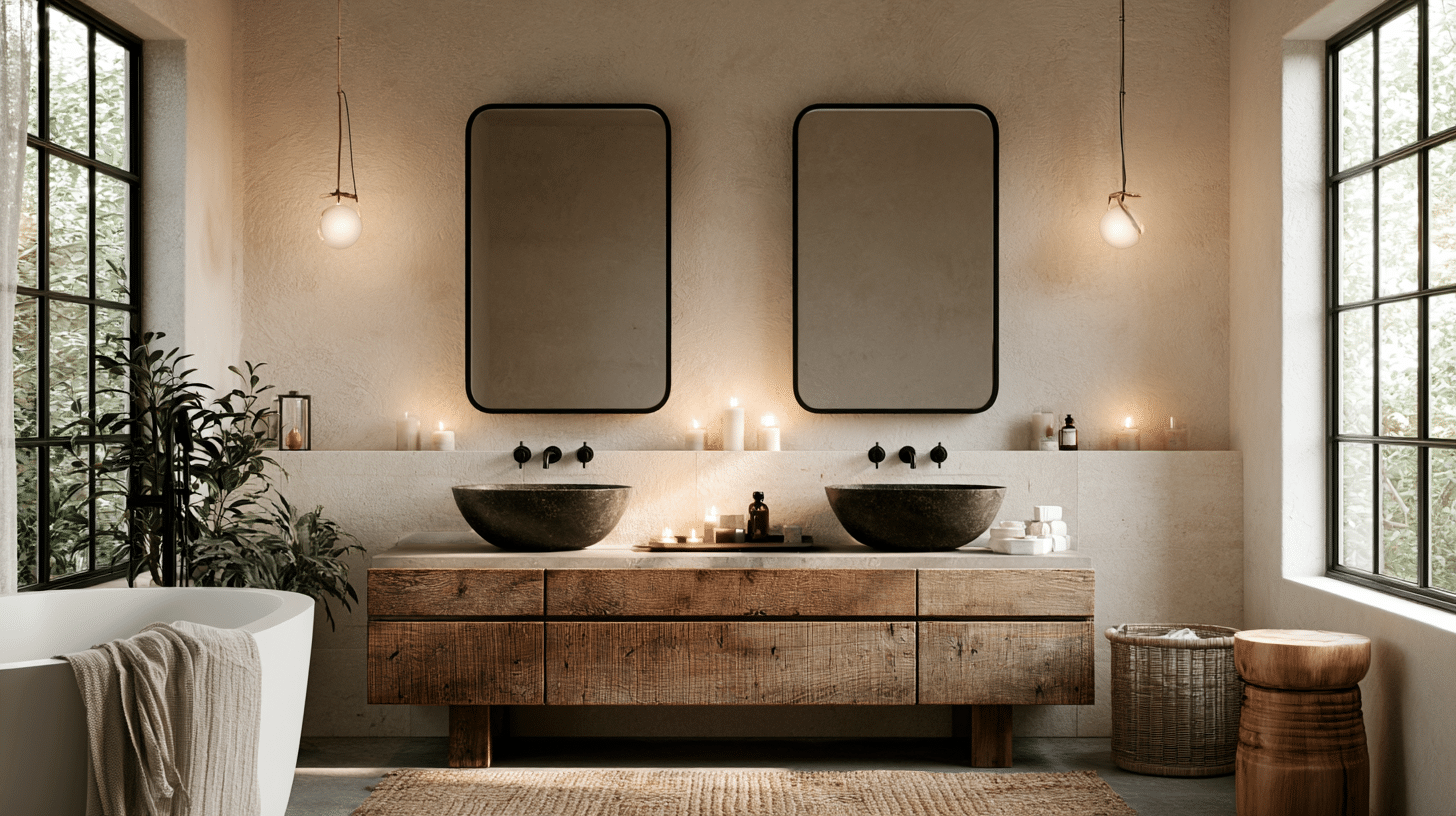 Rustic bathroom with double stone sinks, wooden vanity, and soft candle lighting