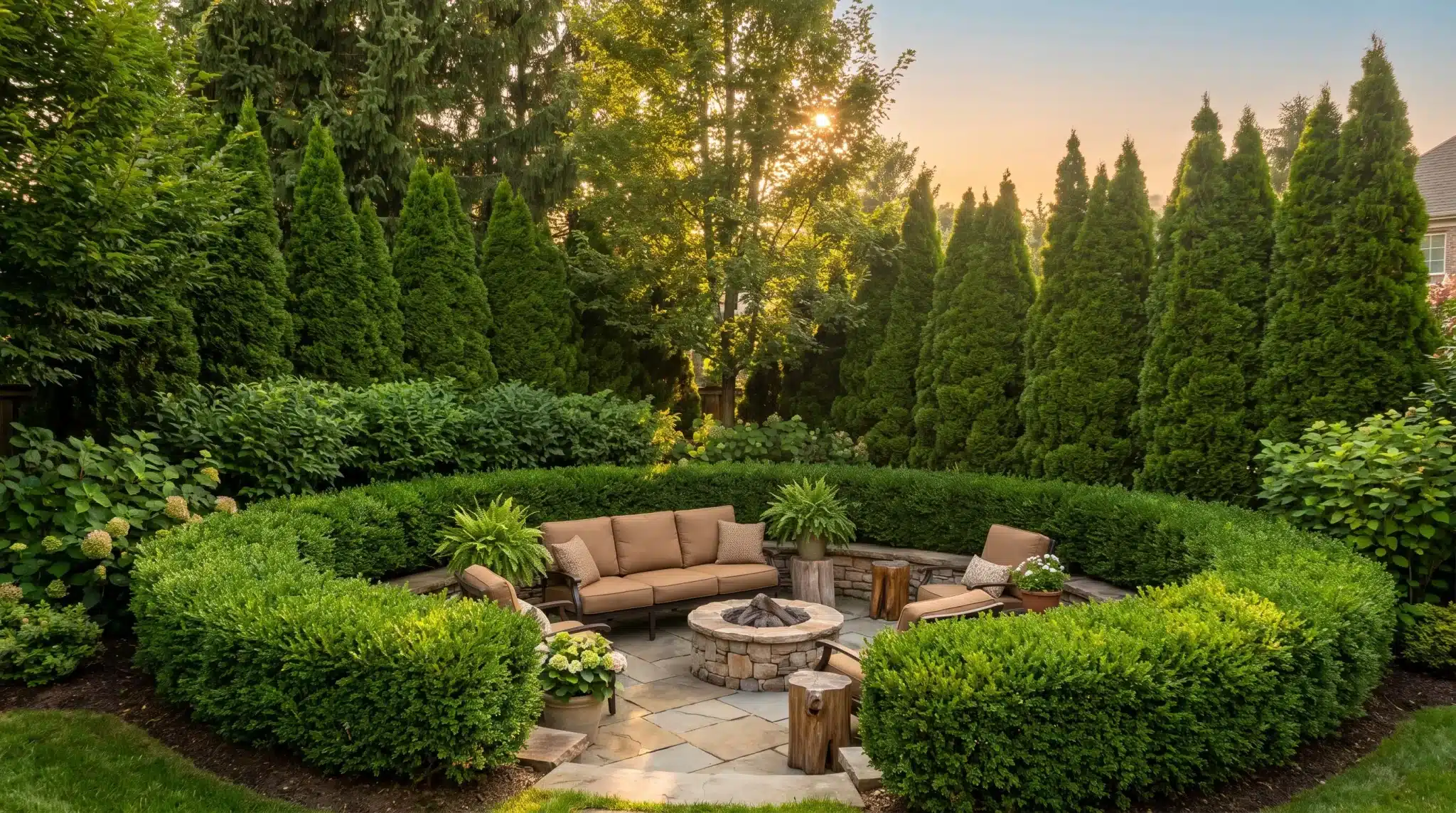 Cozy outdoor patio with beige cushions and fire pit surrounded by tall evergreens