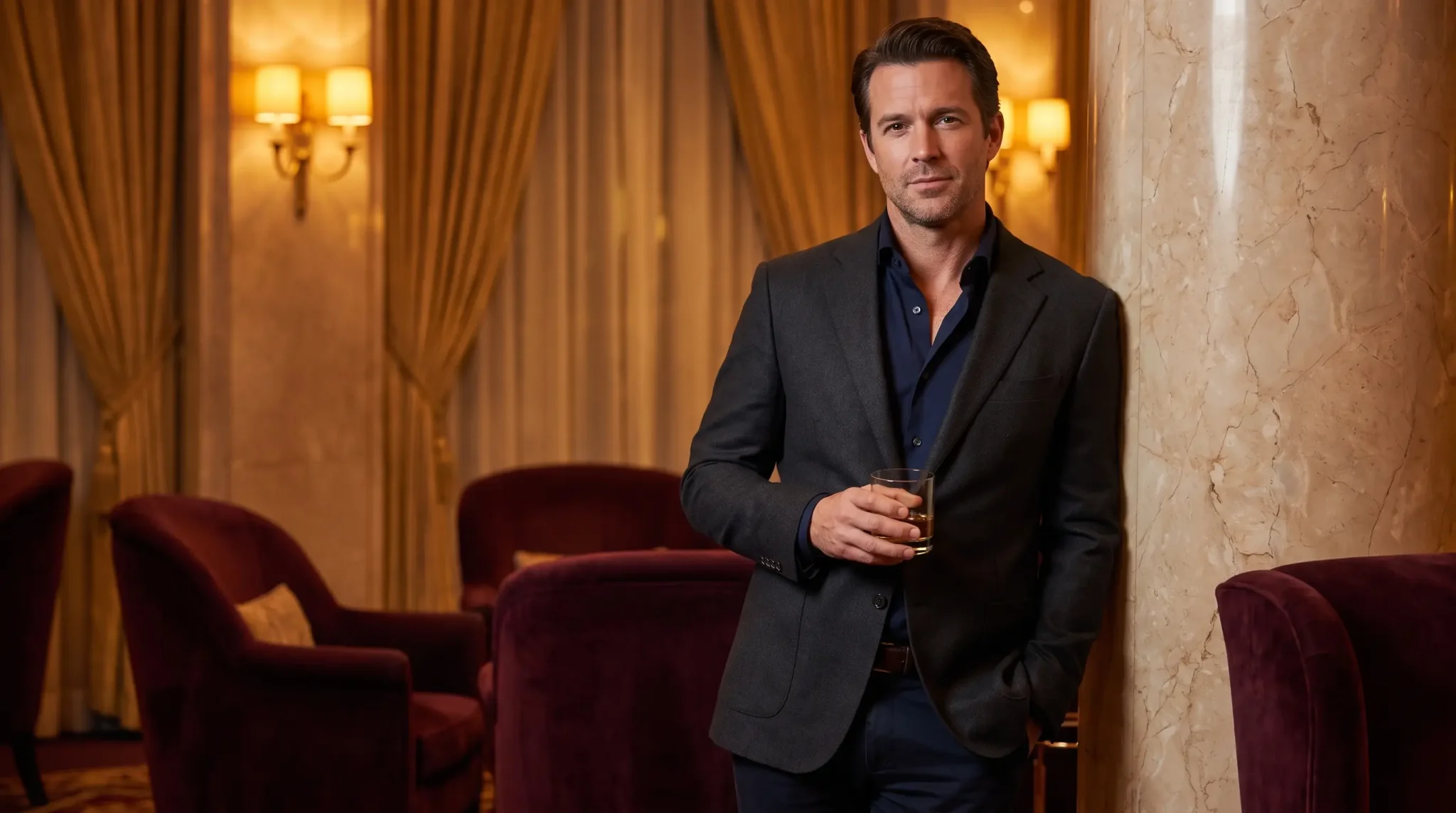 Man in dark suit holding drink in luxurious lounge with velvet chairs and warm lighting