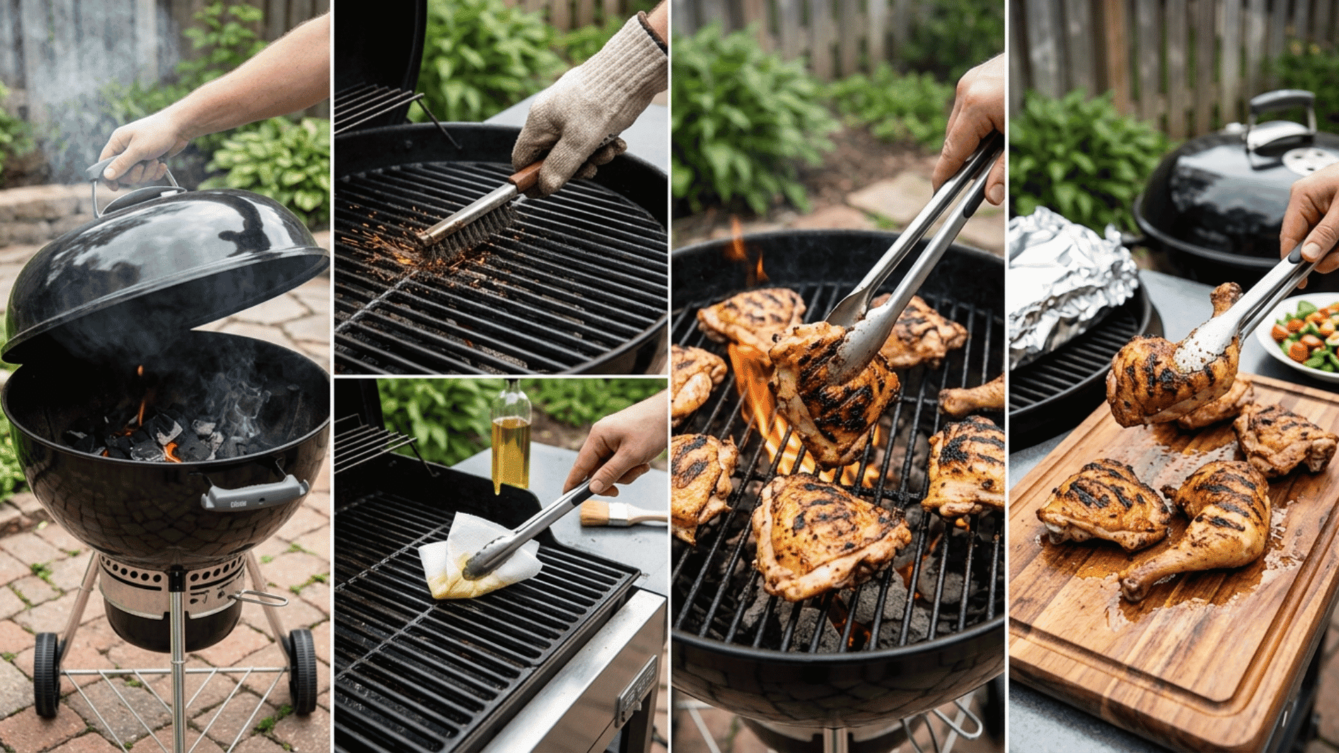 seasoned chicken breasts grilling over medium heat with visible char marks and a fresh homemade barbecue setup
