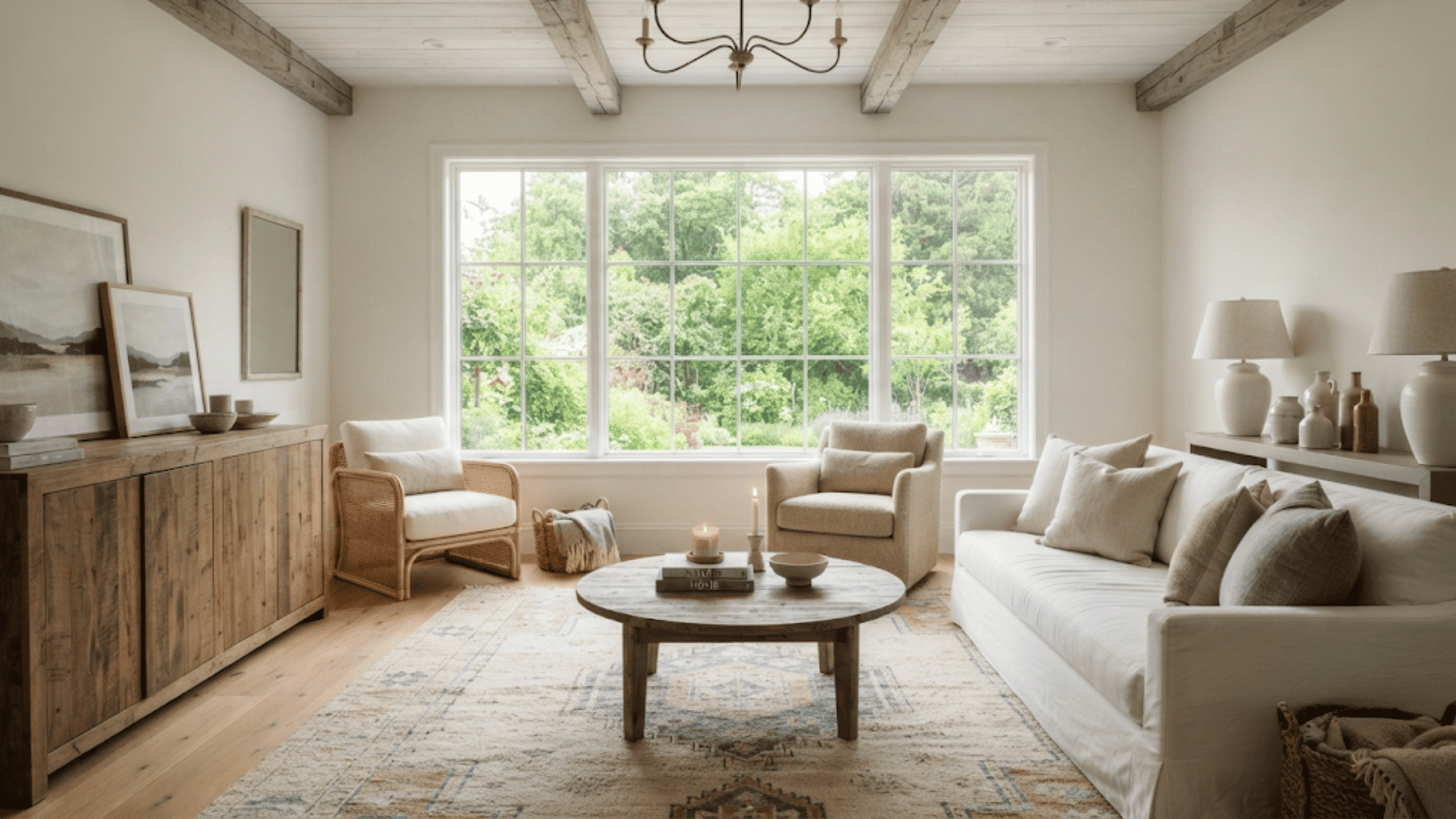 bright small living room with large window neutral sofa wooden furniture and soft natural decor