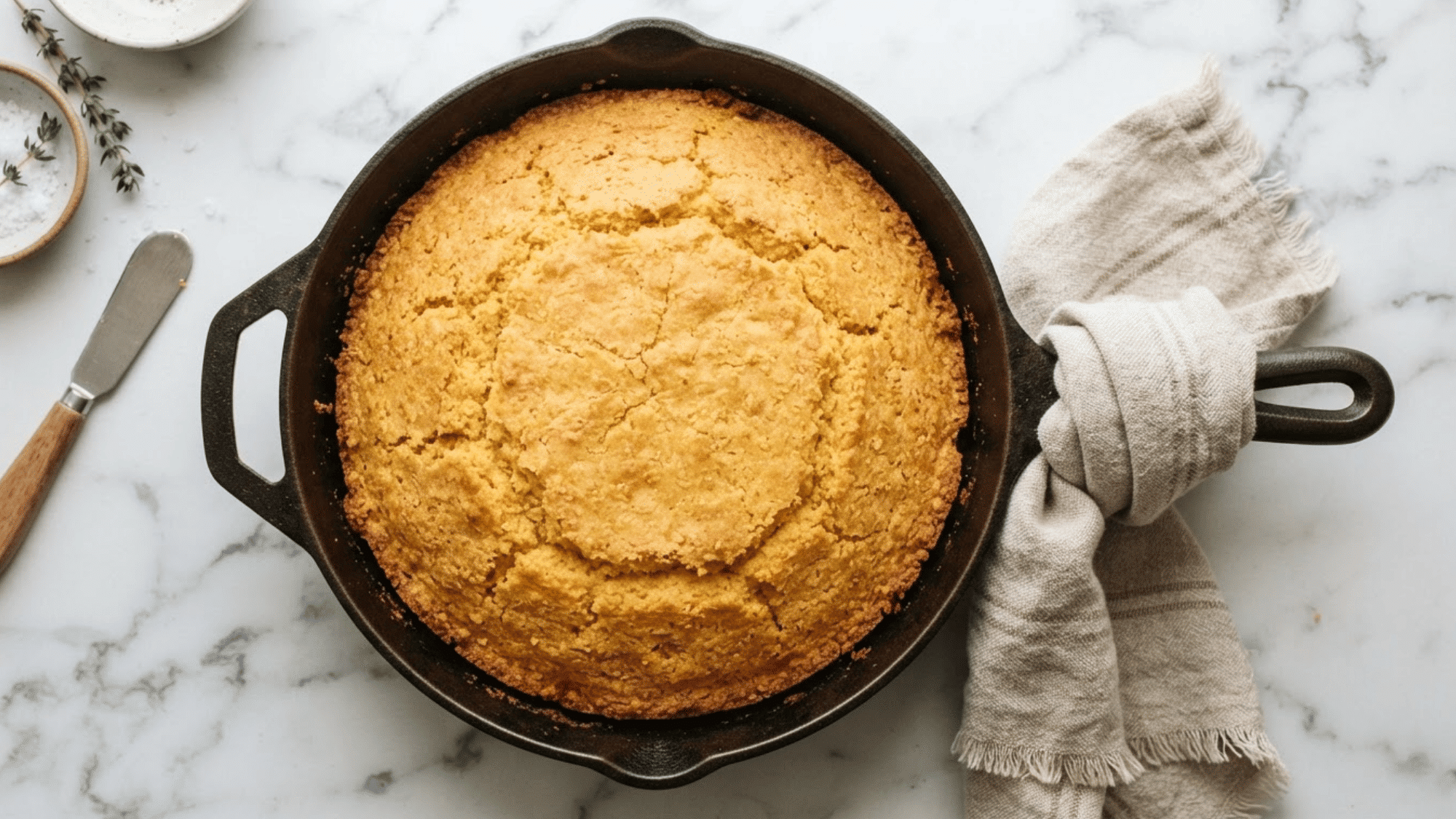 golden cornbread baked in a cast iron skillet with a crisp crust and soft moist center serving warm