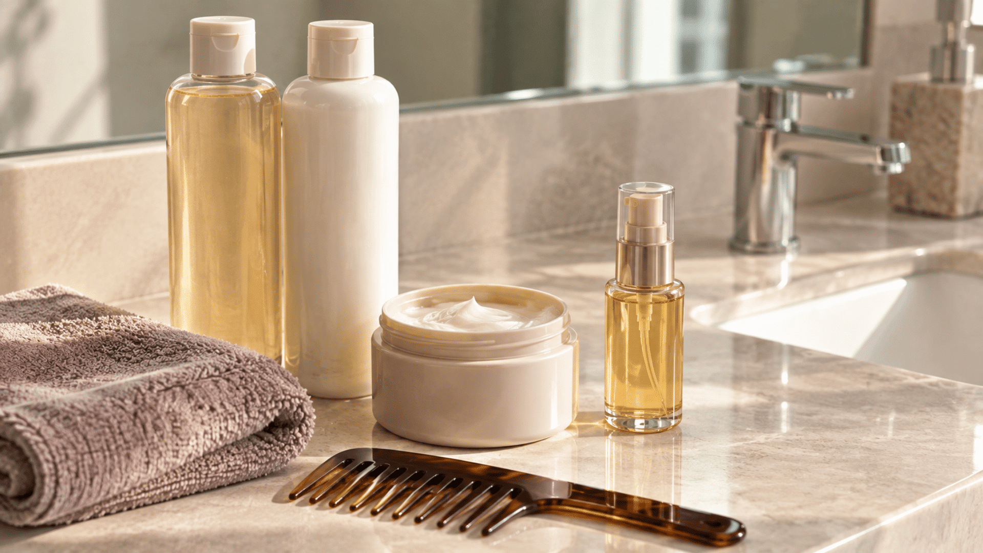 hair care products with serum hair mask microfiber towel and wide tooth comb on bathroom counter