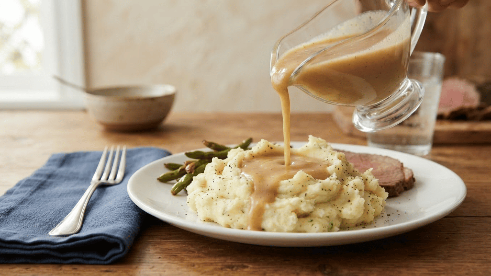 pouring smooth brown gravy over mashed potatoes showing how to make homemade gravy with roast beef and green beans