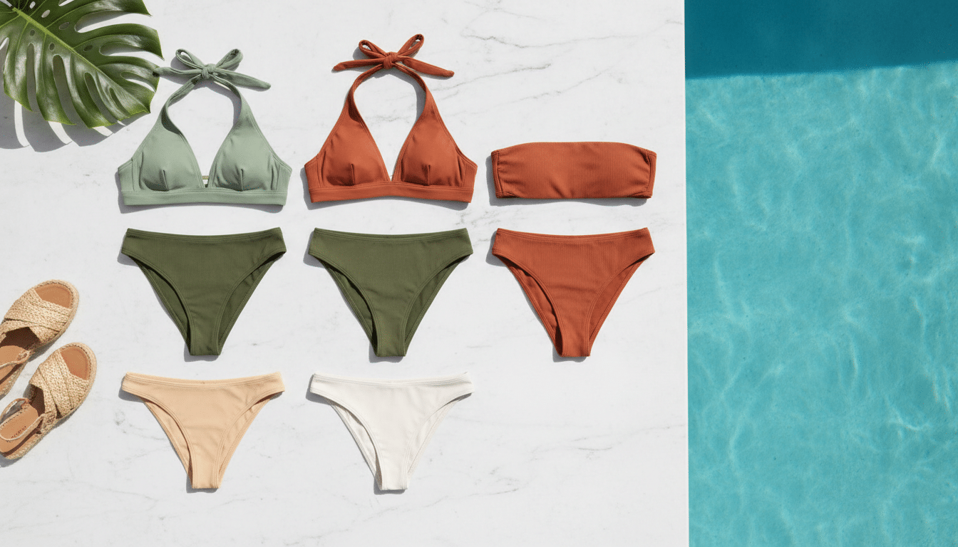 Assorted swimsuits on white marble with woven sandals and palm leaf near poolside