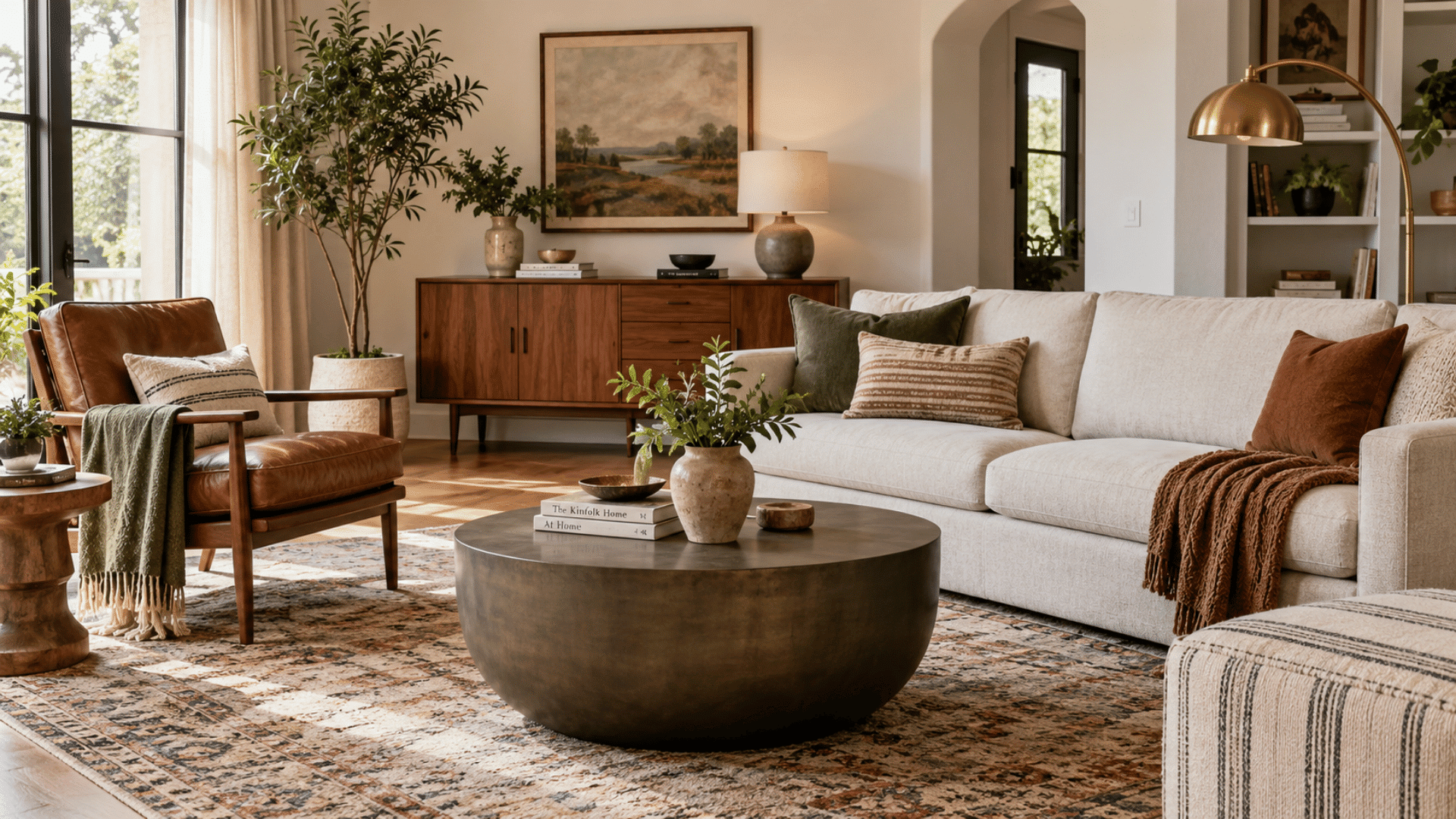 Cozy living room with cream sofa brown leather chair round coffee table patterned rug and indoor plants.