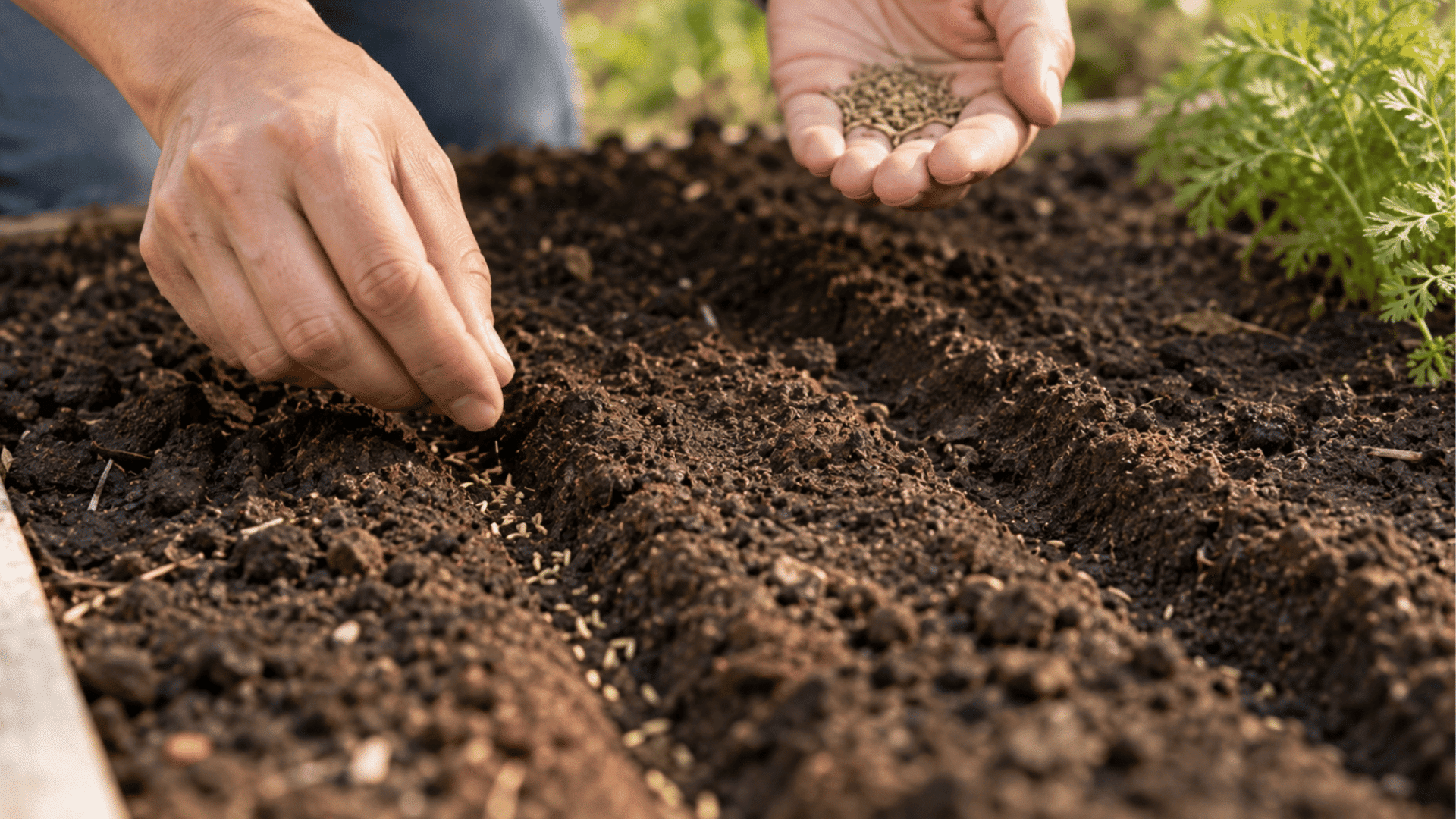 A person planting small seeds in rows of rich, dark soil, holding additional seeds in one hand.