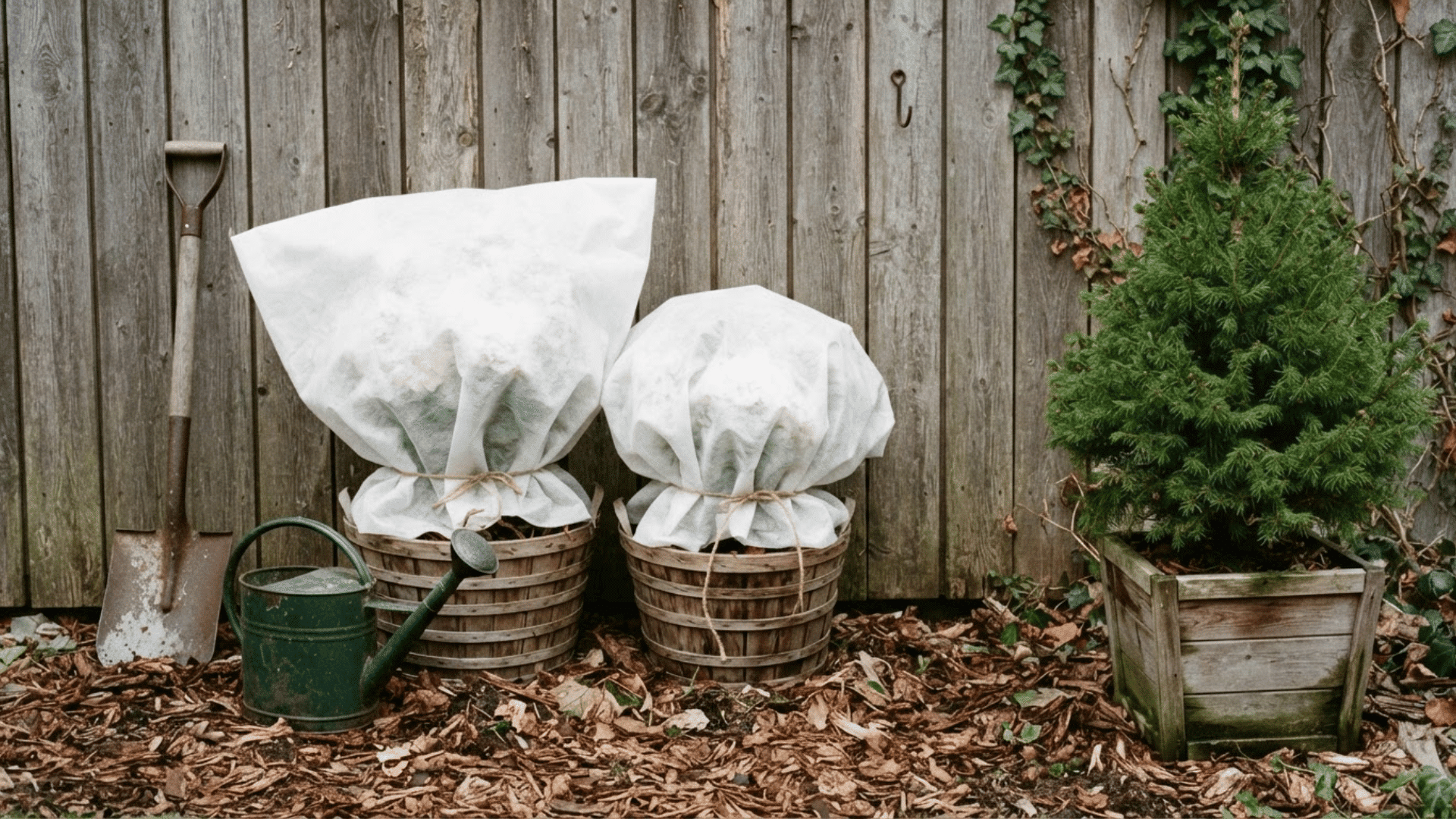 potted plants covered with frost cloth beside a watering can and garden shovel for cold weather protection