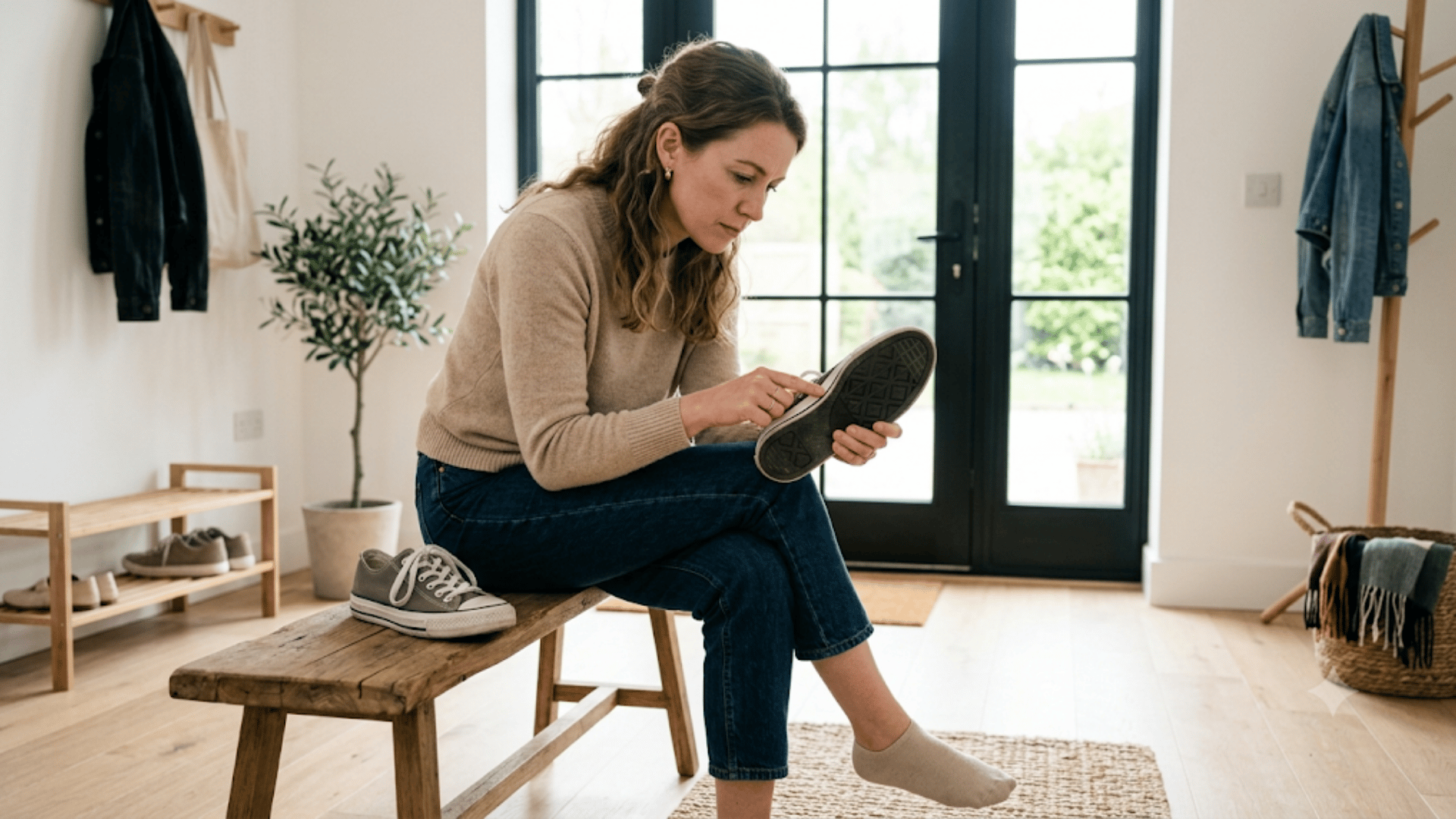 woman sitting on a wooden bench examining the sole of a shoe while holding it in her hands indoors