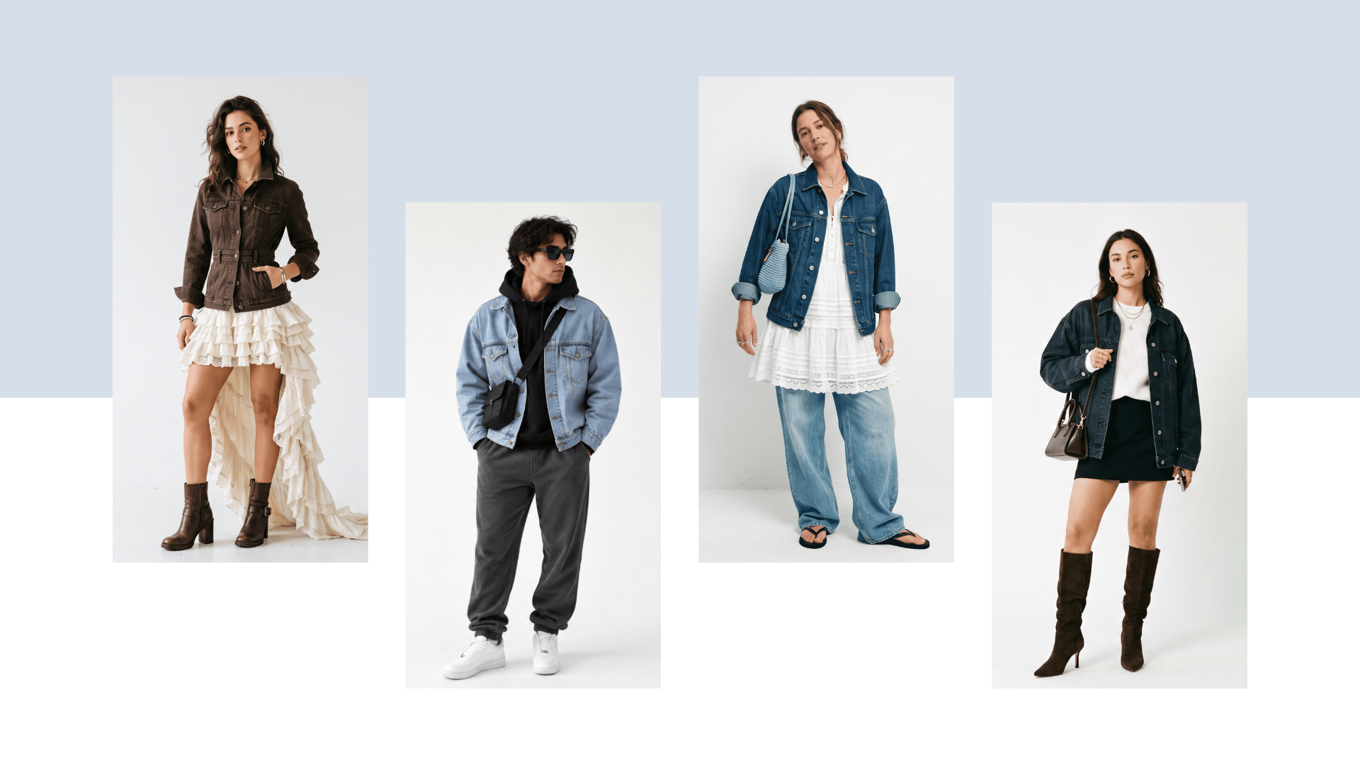 four casual outfits showing different ways to style jean jackets with dresses hoodies jeans skirts and boots