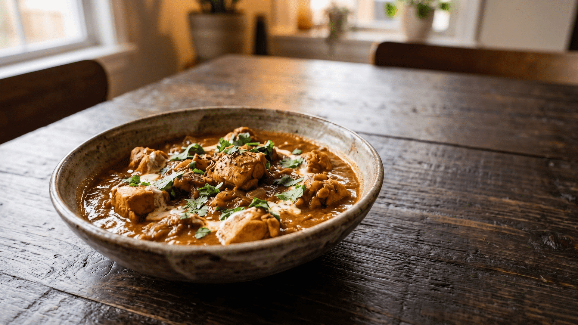 rich chicken curry served in a bowl with tender chicken pieces coated in a thick flavorful sauce
