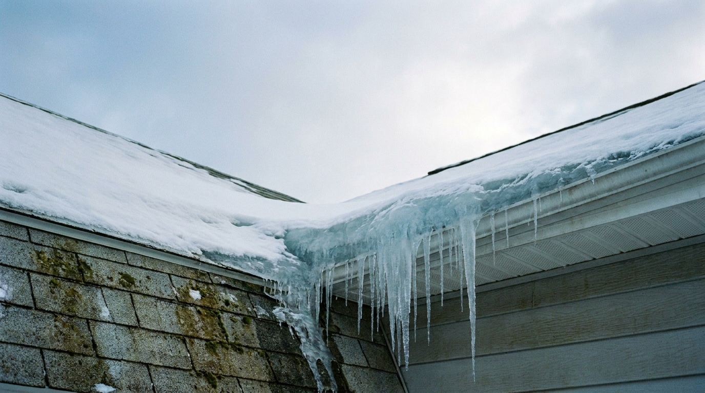 Snow-covered roof with icicles hanging from gutter edge in cloudy winter setting