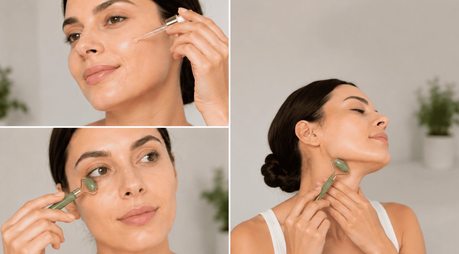woman applying serum and using a jade roller under the eyes and along the jawline during a skincare routine