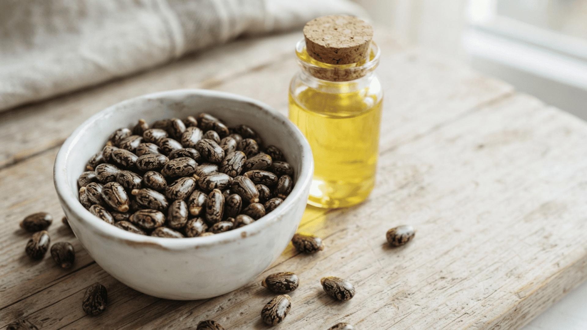 castor beans in a ceramic bowl beside a glass bottle of golden castor oil on a rustic wooden table