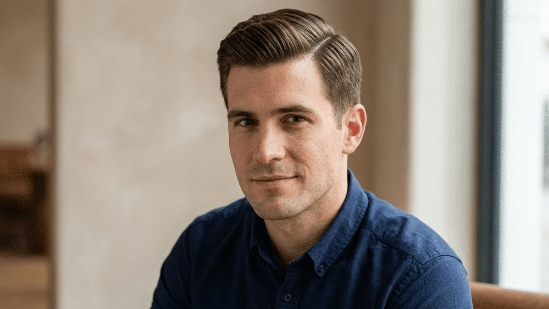 man with a neatly combed ivy league crew cut featuring a defined side part and short tapered sides