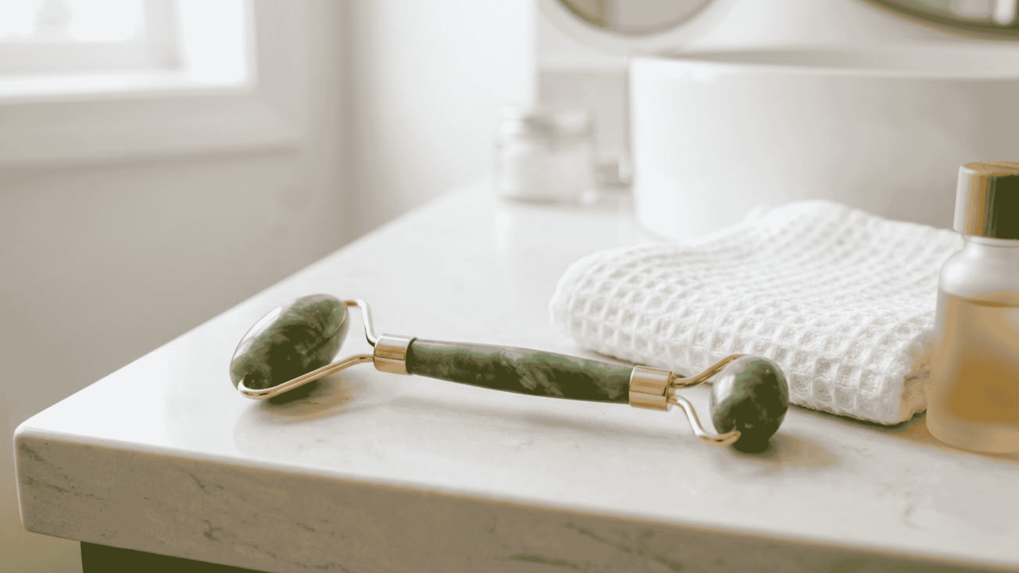 dual ended green jade roller with large and small stones displayed on a clean bathroom counter