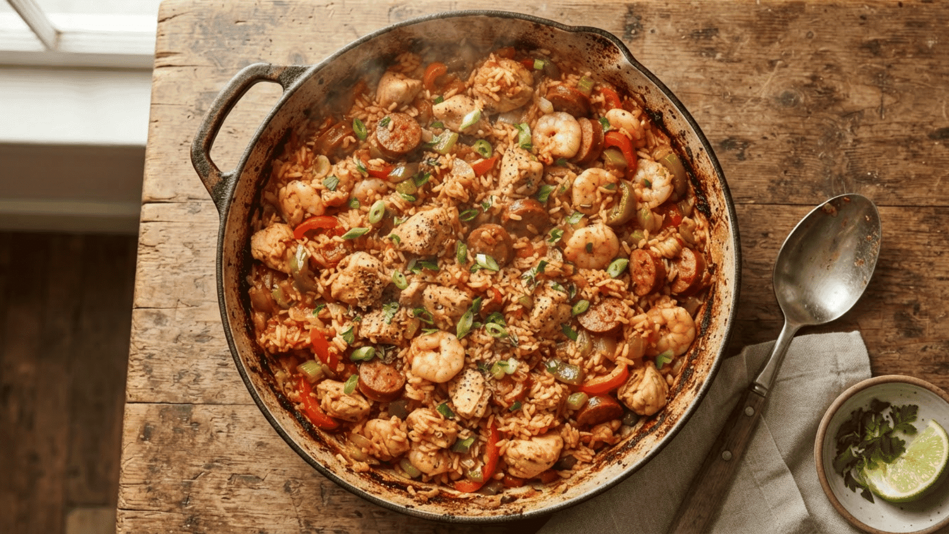 louisiana jambalaya with shrimp chicken sausage rice peppers and green onions in a rustic skillet