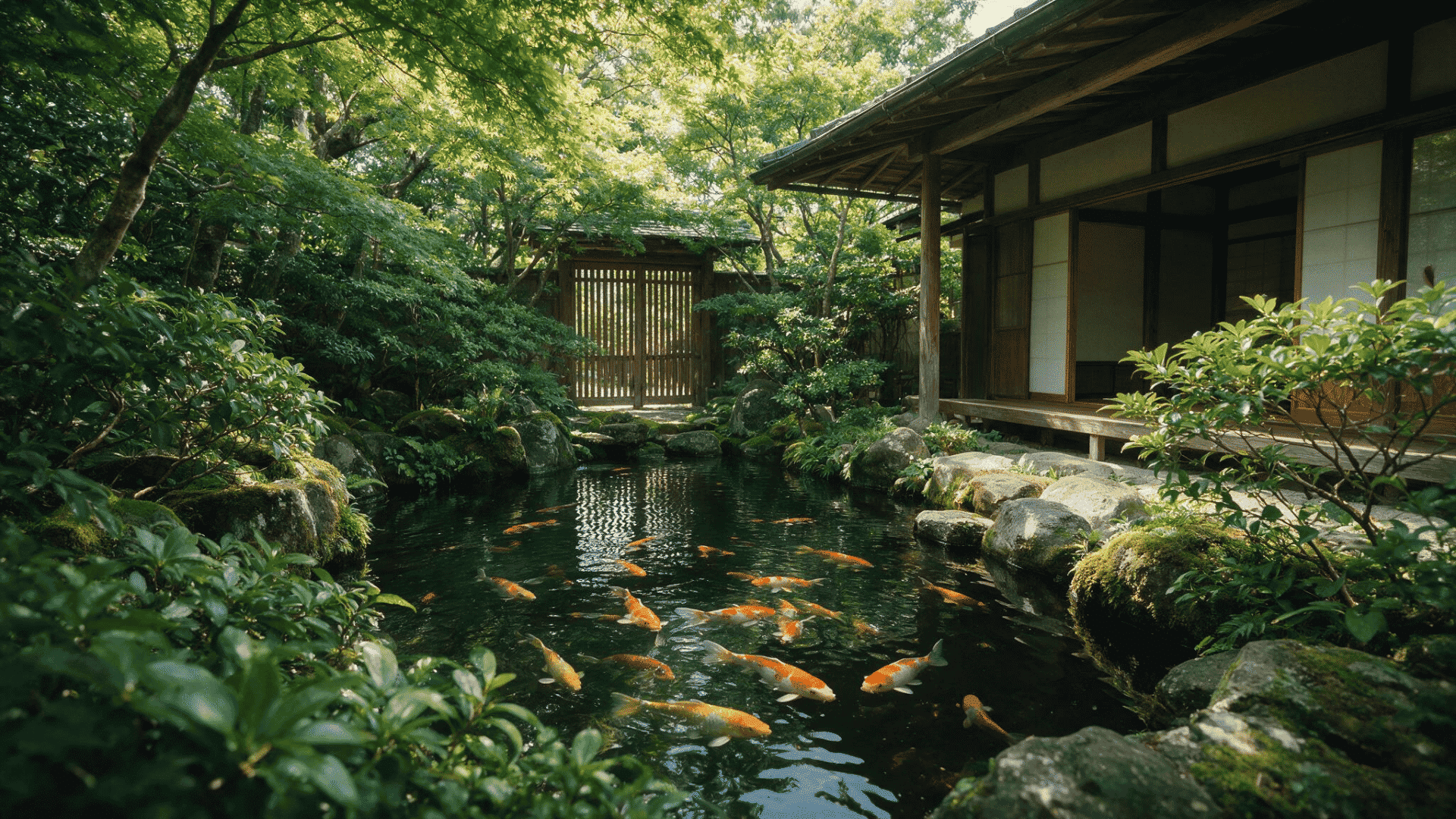 japanese-inspired koi pond surrounded by mossy rocks dense greenery and traditional wooden architecture