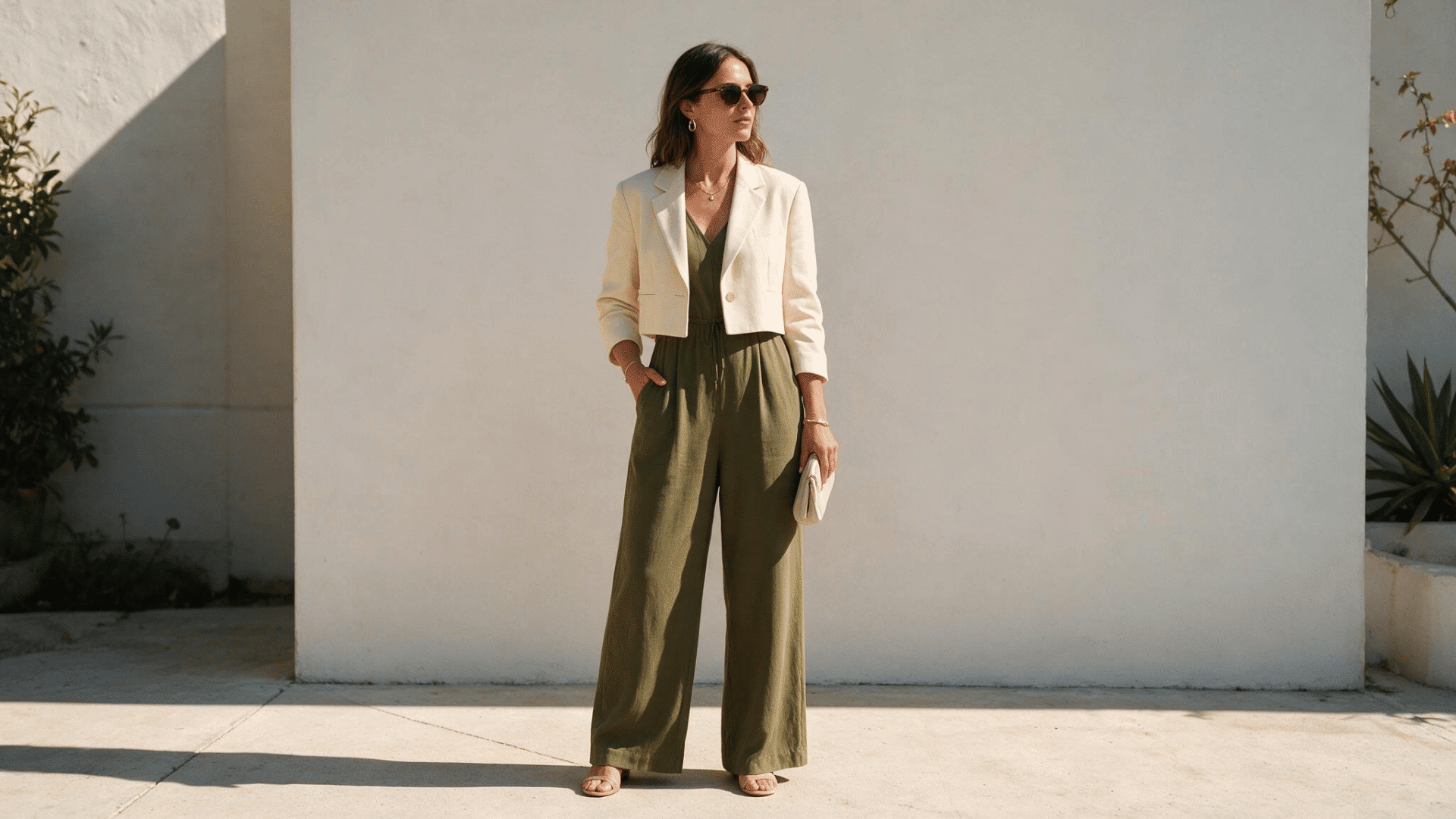 woman wearing jumpsuit with lightweight jacket and sunglasses for a chic neutral casual outfit