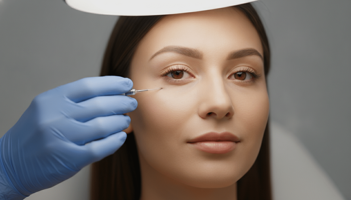Cosmetic procedure with syringe near woman's eye in clinical setting with bright lighting