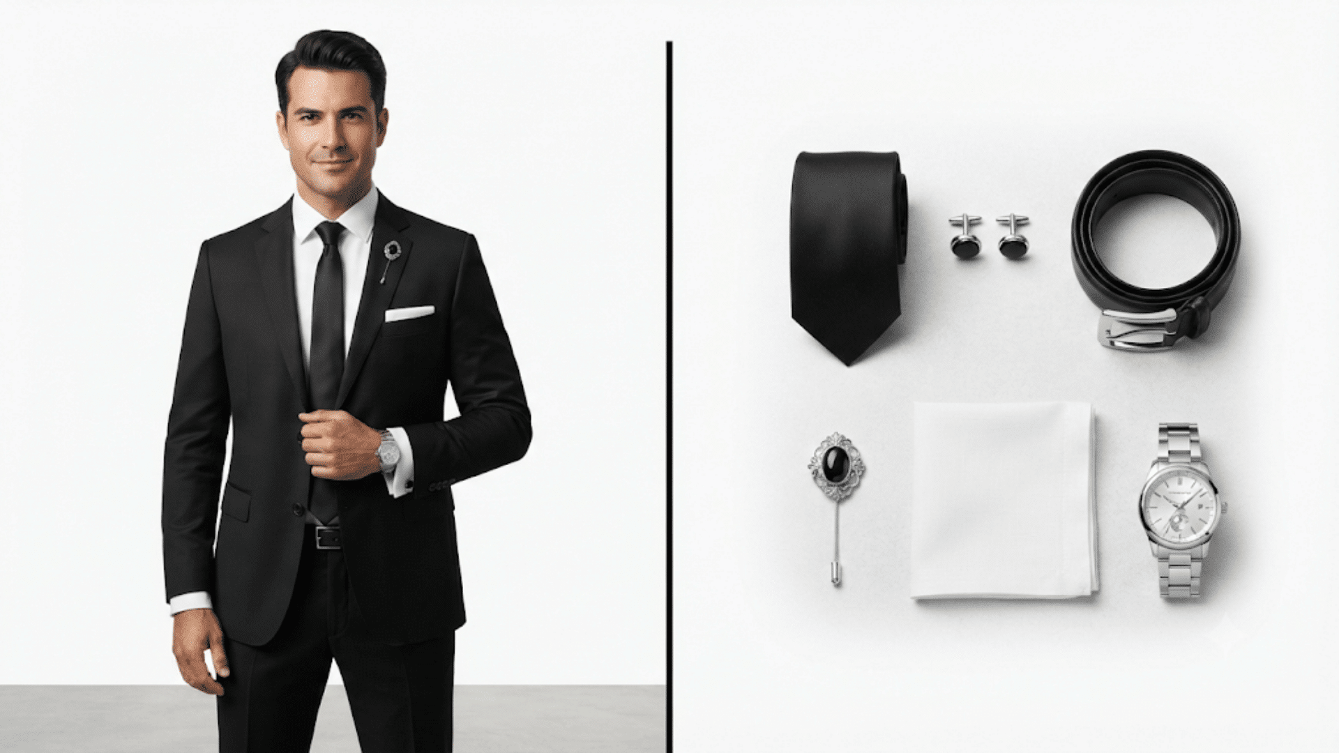 keep accessories well balanced with a black tie cufflinks leather belt pocket square lapel pin and classic watch