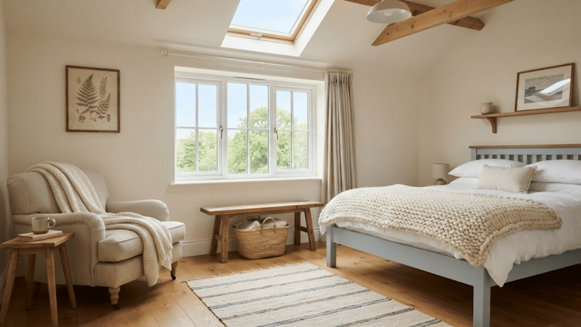 keep decor simple and balanced with neutral furniture natural textures minimal accents and open space in a bright bedroom
