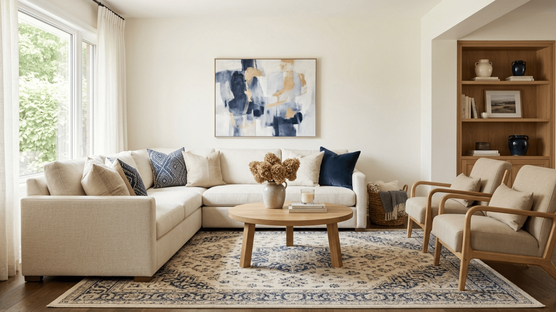 bright living room with cream sectional sofa two armchairs round wooden coffee table patterned rug and built in shelves