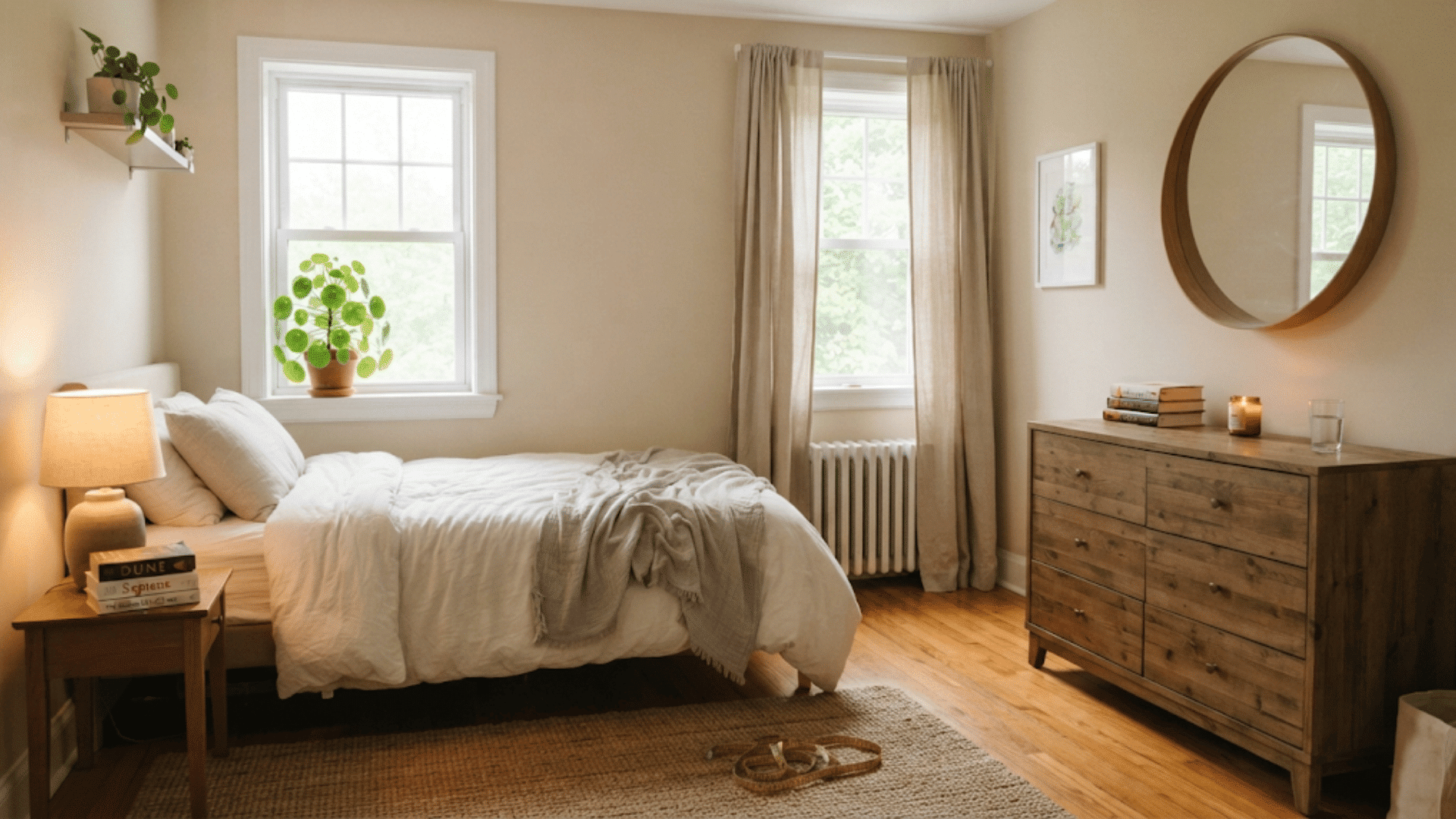 keep walking paths clear by leaving open floor space between the bed dresser and windows in a small bedroom