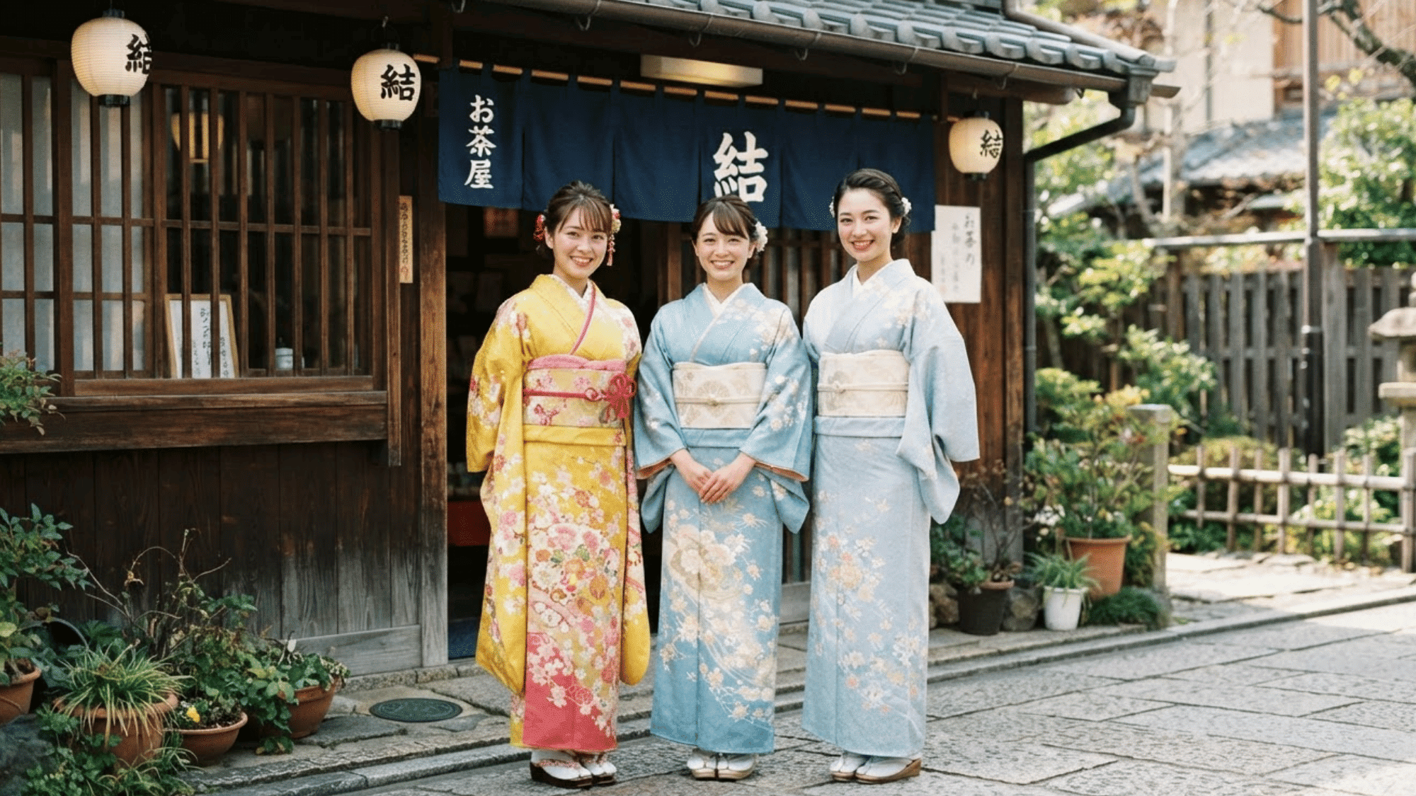 three women wearing kimono dresses in different styles with flowing sleeves patterns and elegant silhouettes