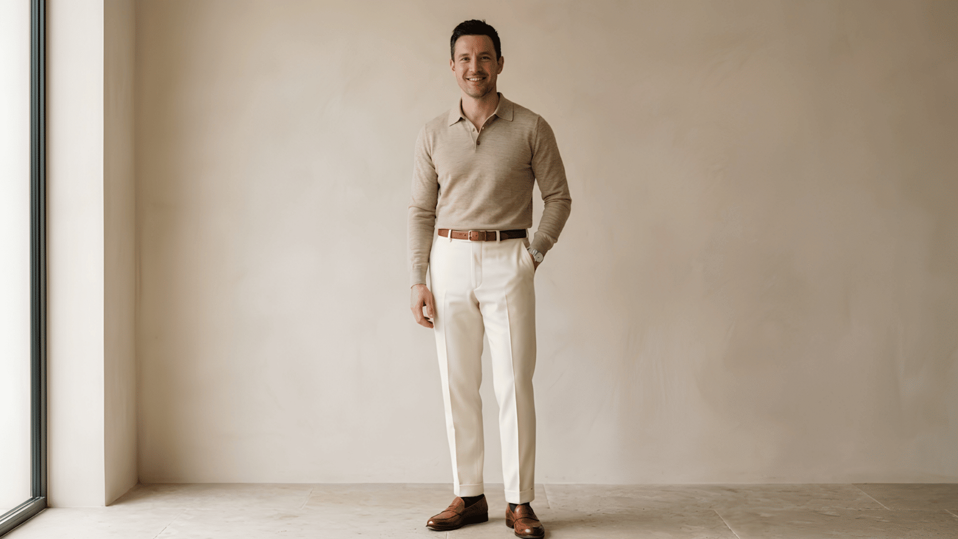 man wearing a beige knit polo with cream dress pants a brown leather belt and brown loafers