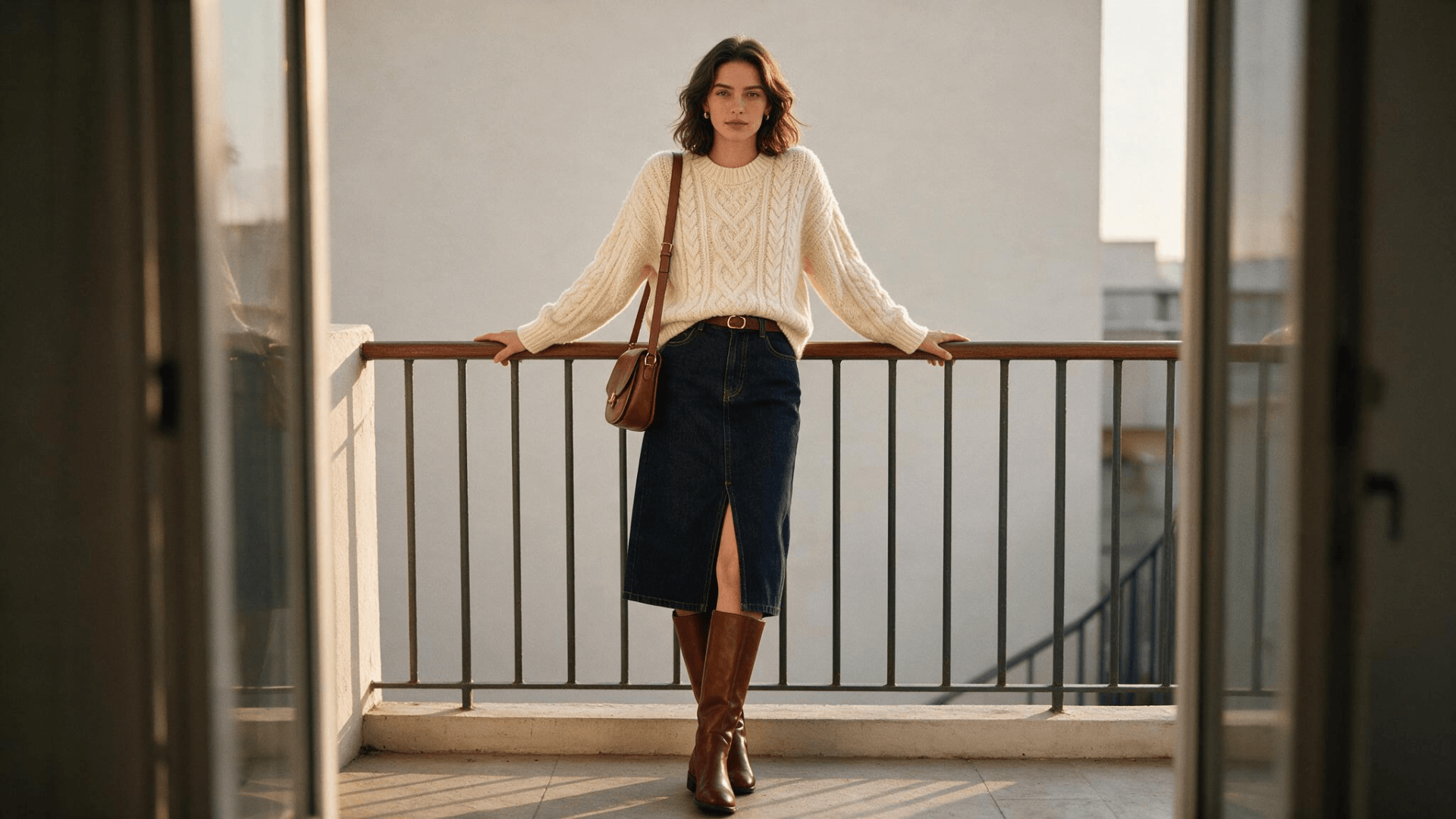 cream knit top with denim skirt and boots styled for a cozy autumn inspired outfit