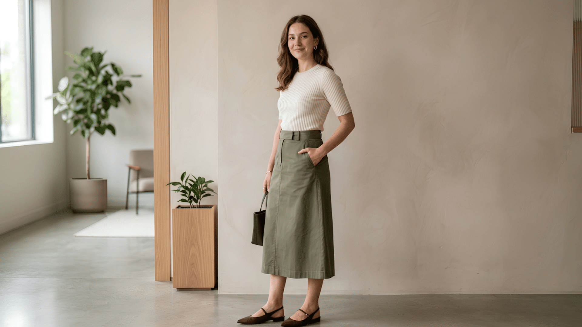 woman wearing a cream knit top with an olive midi skirt and brown slingback shoes in a modern office