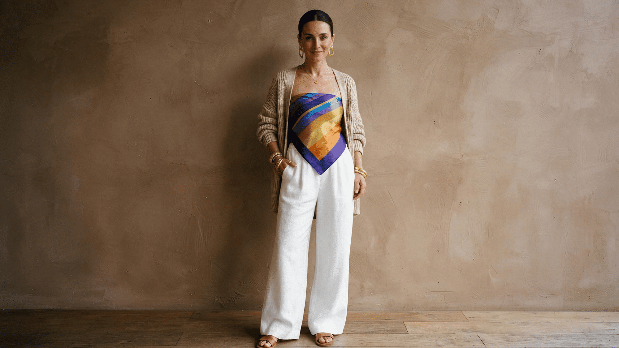 scarf tied as a bandeau top under a cardigan creating a stylish layered look for casual wear