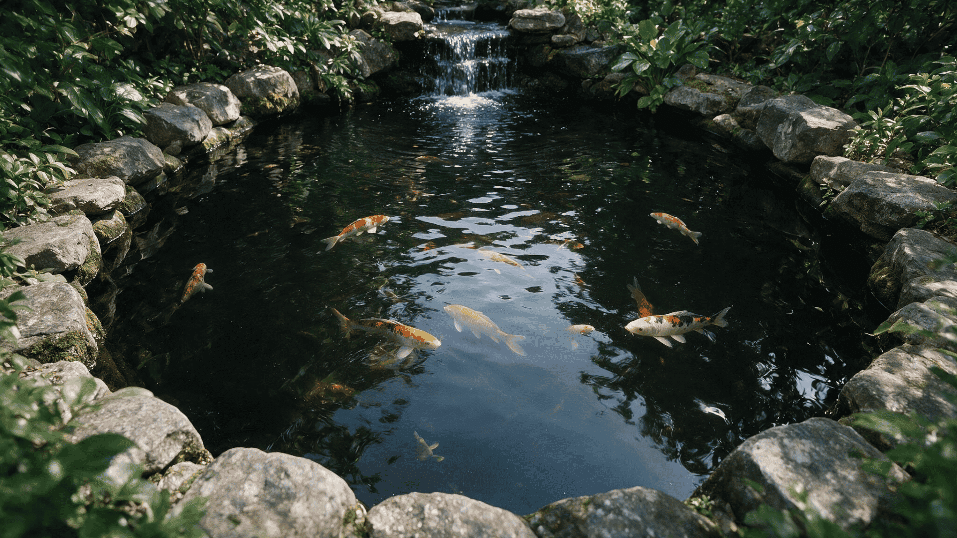 koi pond ideas with colorful koi fish, natural stone edging, green plants, and a backyard waterfall.