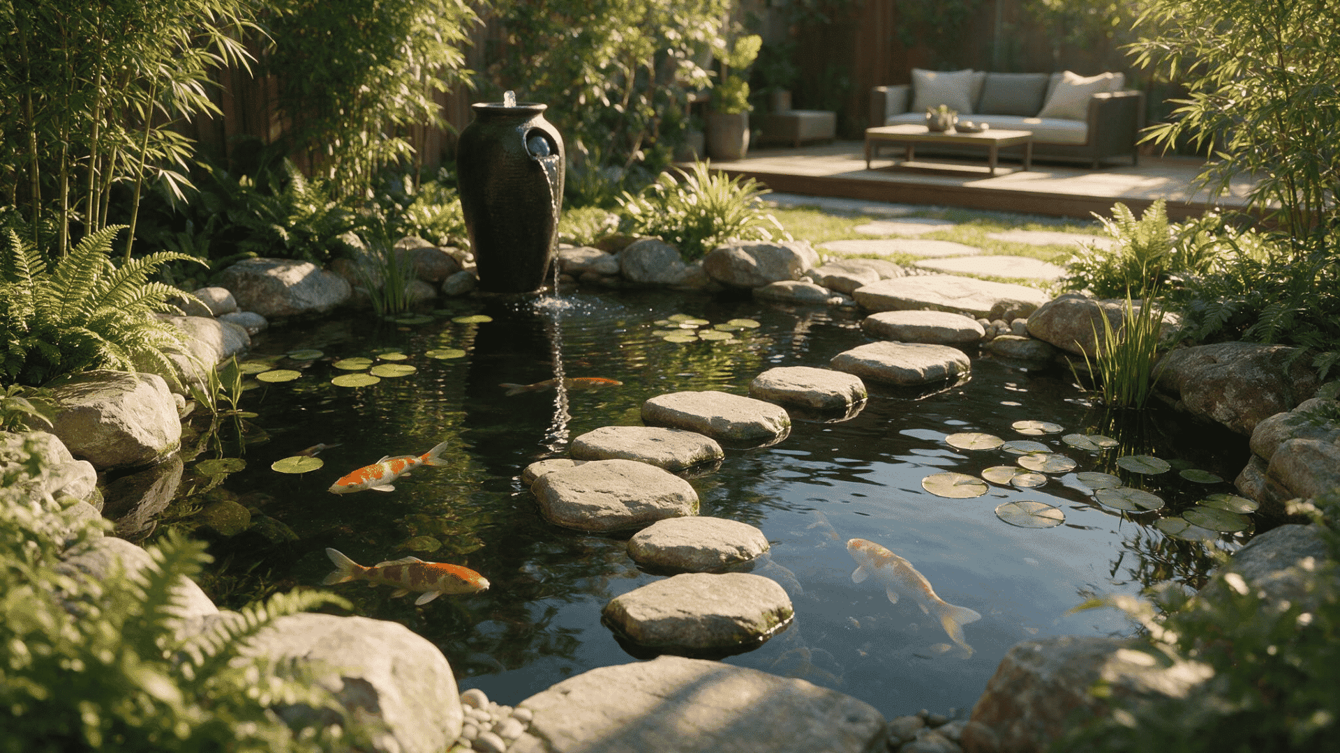 koi pond with stepping stones surrounded by natural rocks ferns bamboo and colorful koi in a landscaped backyard