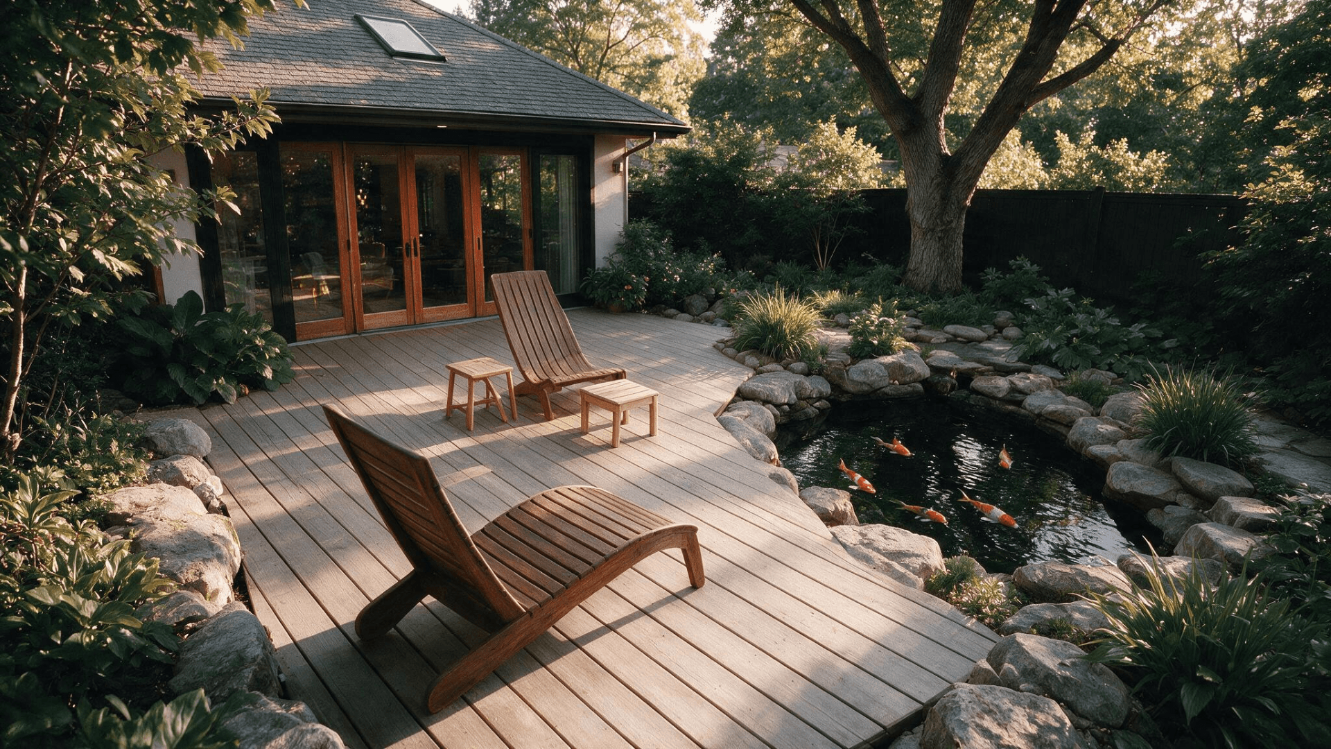 koi pond with viewing deck wooden lounge chairs natural stone edging and colorful koi in a landscaped backyard