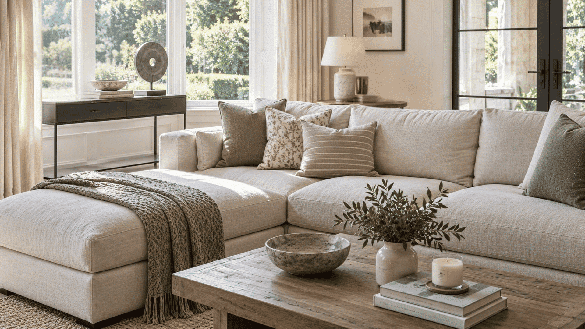 cozy living room with cream sofa chair glass coffee table patterned rug plants and wooden cabinet
