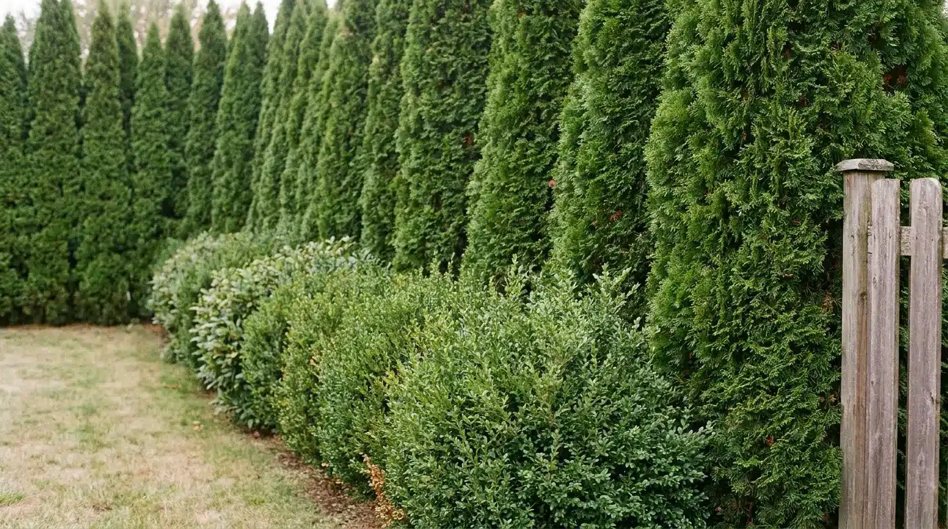 Tall evergreen trees and trimmed shrubs lining a wooden fence in a garden setting