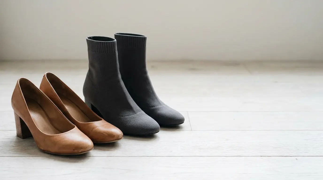 Brown leather pumps and gray sock boots on light wooden floor in a minimalist setting