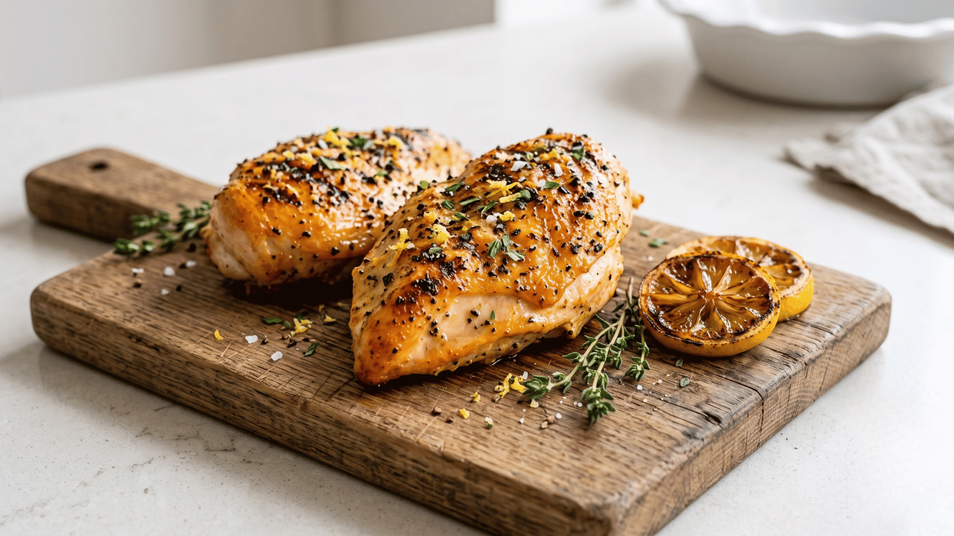 lemon pepper grilled chicken breast with fresh lemon slices and herbs showing a bright lightly seasoned finish