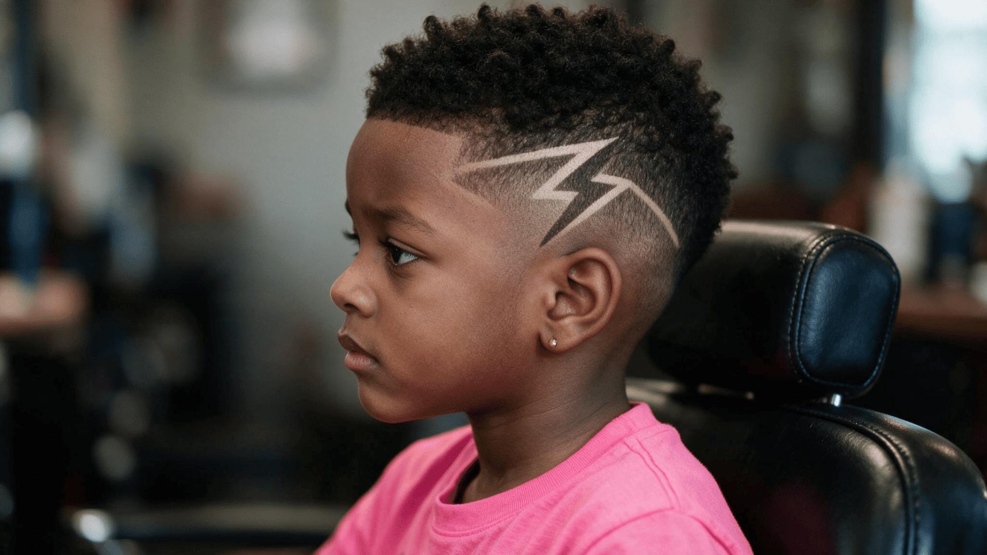 boy with curly hair, faded sides, and a shaved lightning bolt design above the ear