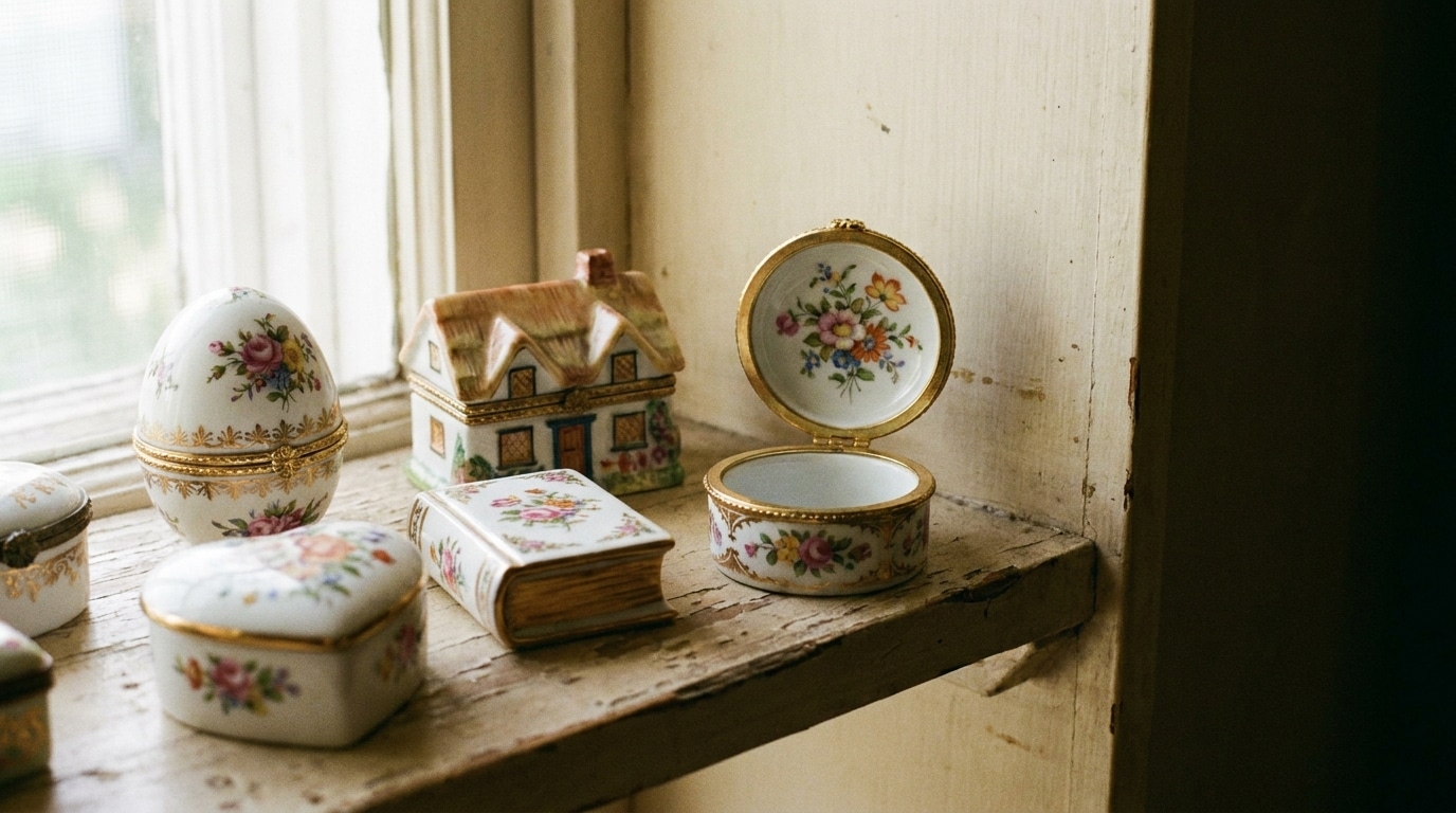 Decorative porcelain boxes with floral designs on rustic wooden shelf by window