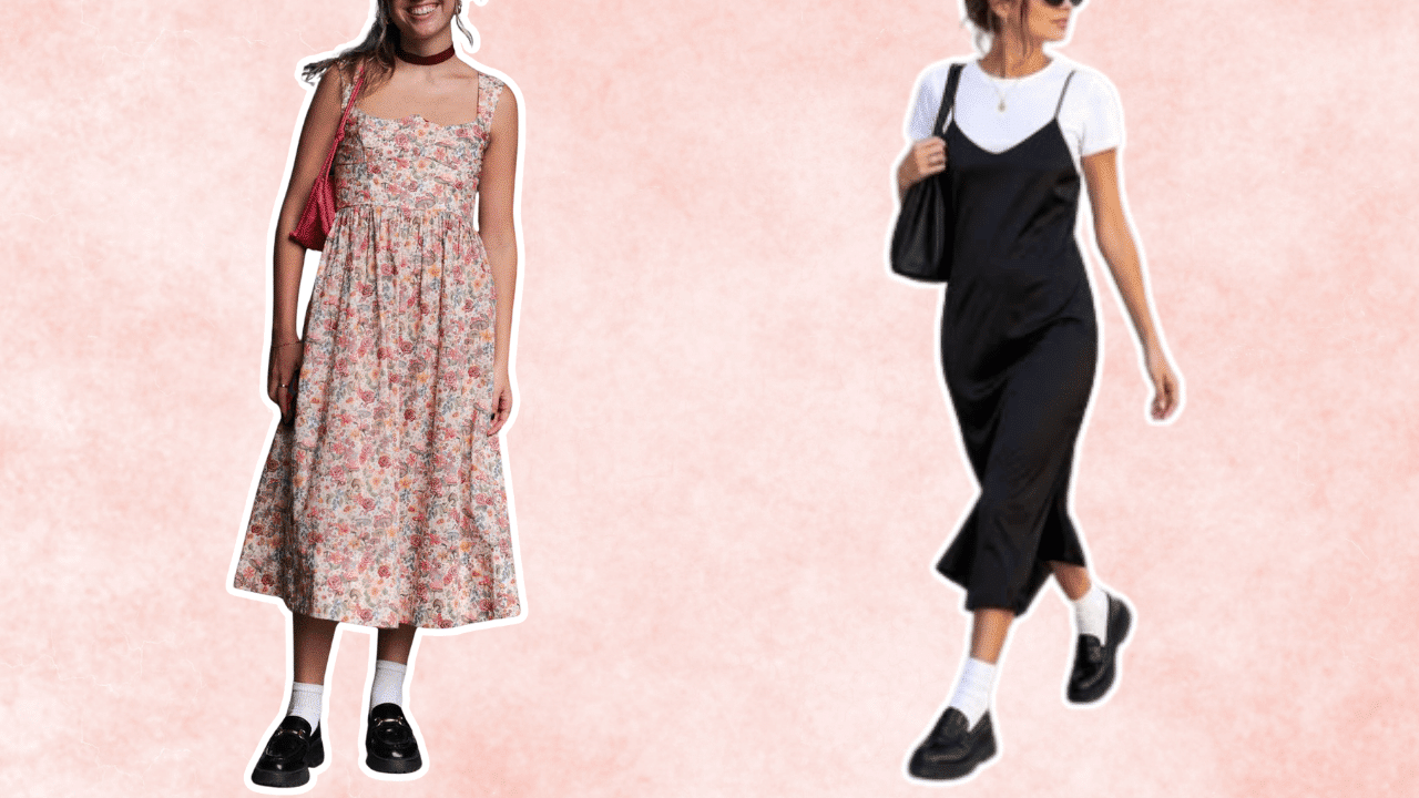two women styling black loafers with casual dresses white socks and shoulder bags for relaxed everyday outfits