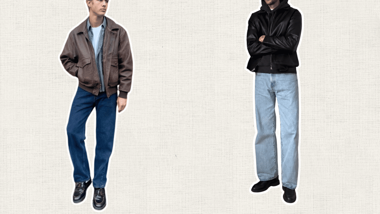 two men styling leather jackets with relaxed jeans and black loafers for a casual layered look