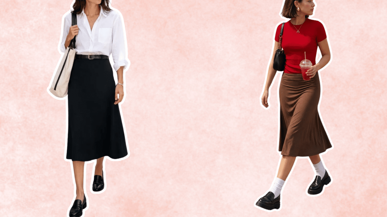 two women styling black loafers with flowing midi skirts fitted tops and casual bags for polished everyday outfits