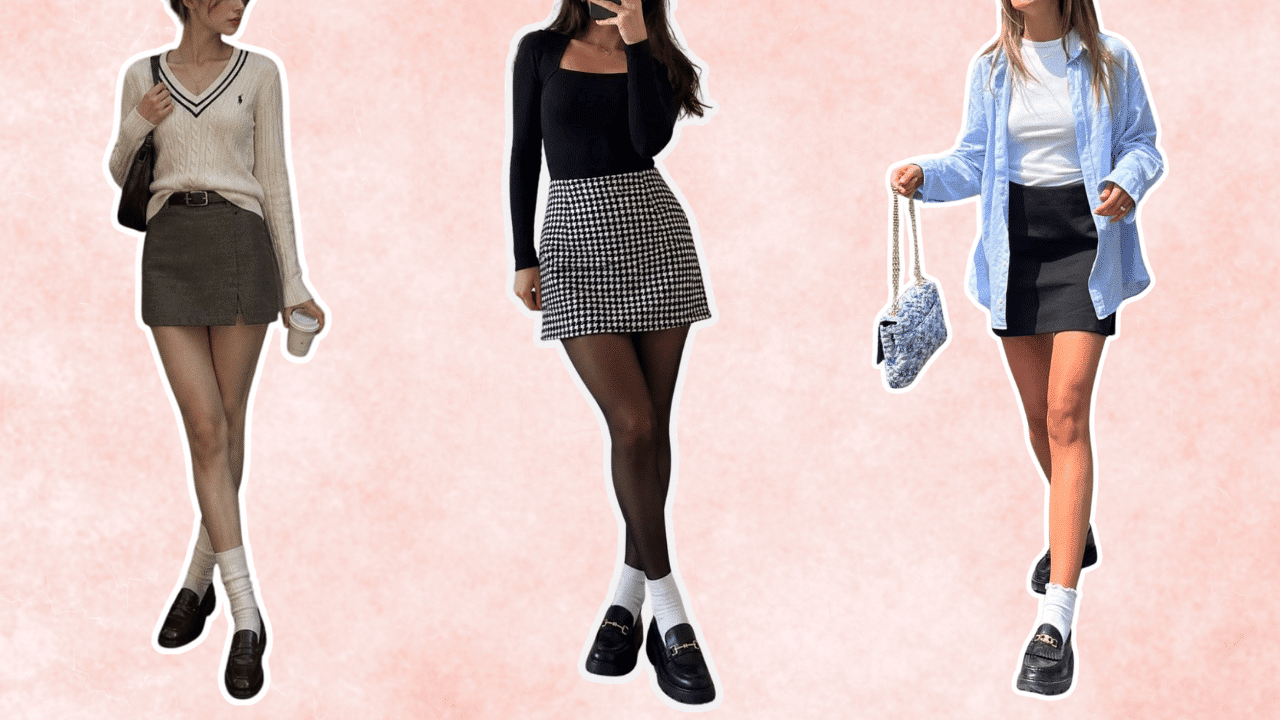 three women styling black loafers with mini skirts layered tops and visible socks for casual preppy outfits