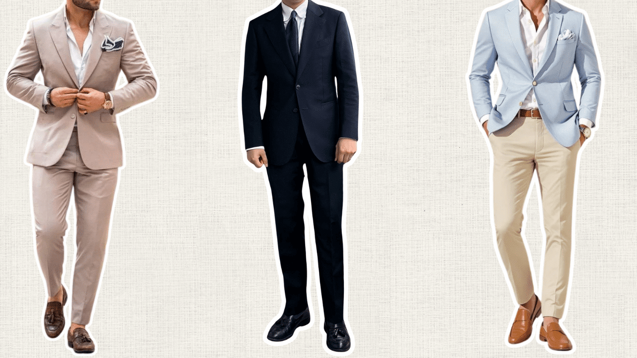 three men styling loafers with relaxed suits in beige, navy, and light blue for polished formal looks
