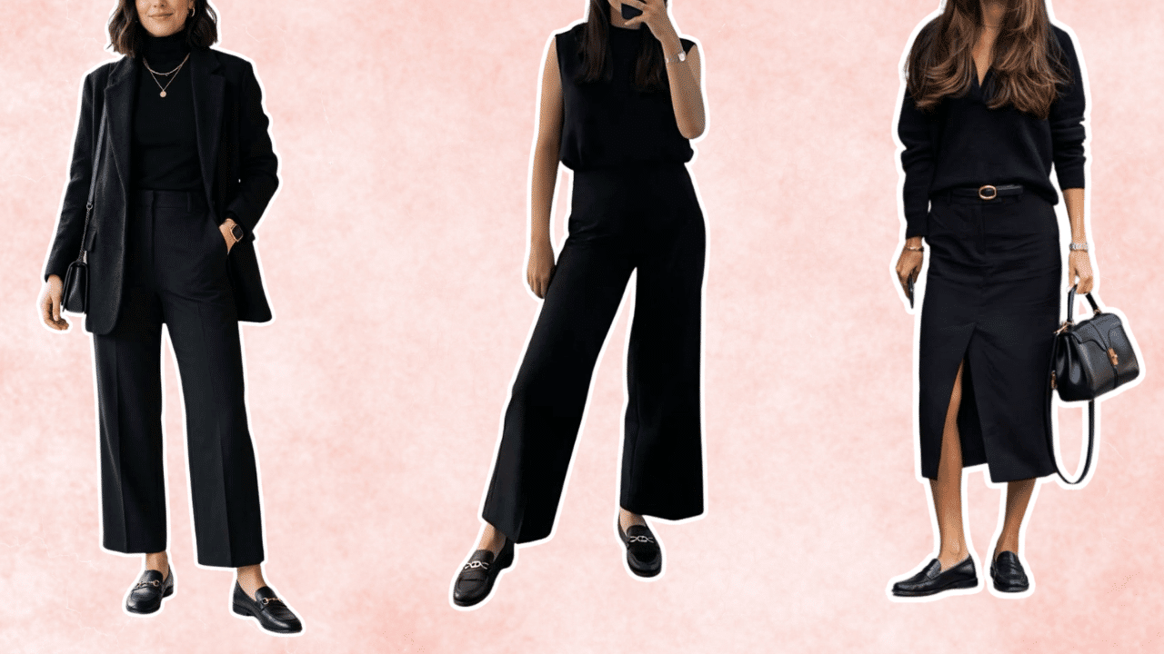 three women styling black loafers with monochrome outfits including tailored trousers, a jumpsuit, and a midi skirt