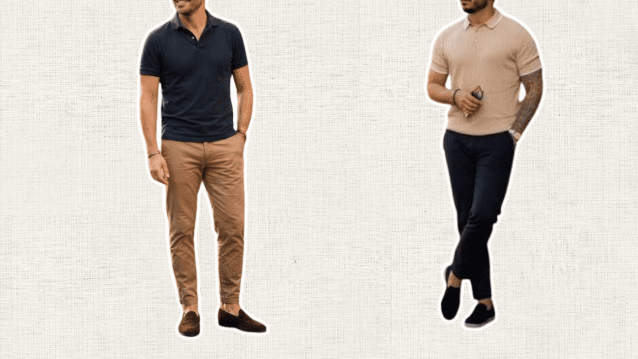 two men wearing polo shirts with slim chinos and loafers for a polished smart casual look